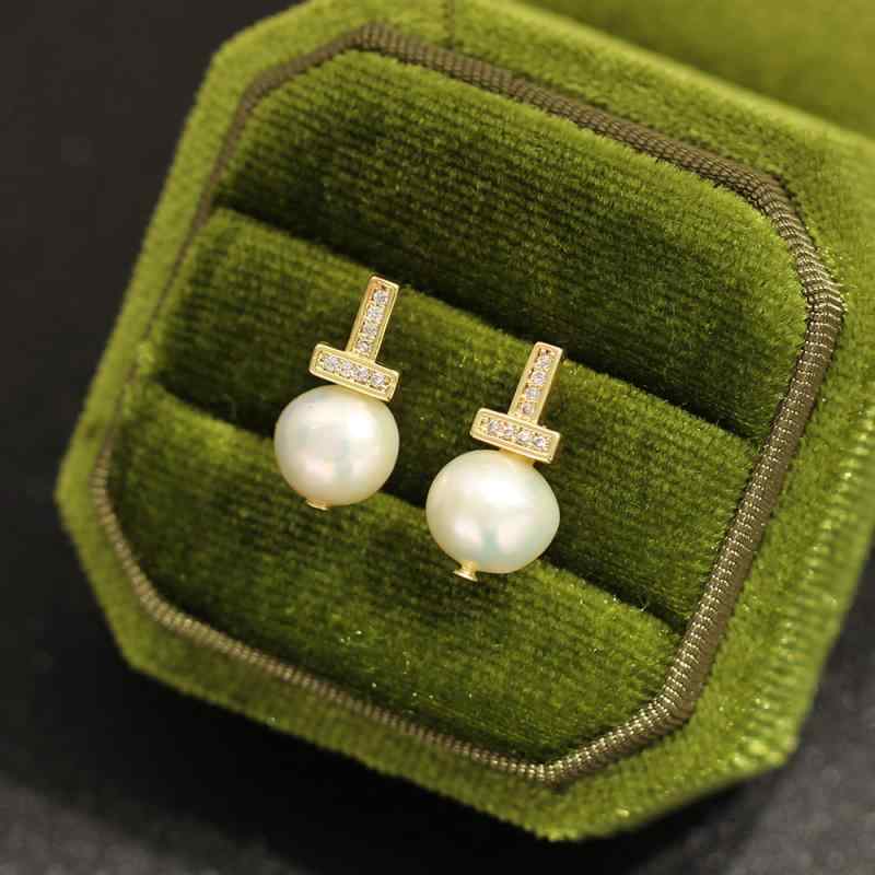 レディース ピアス 一粒 淡水パール ストーン付き 幾何学 ライン ゴールド 金メッキ S925銀針 上品 エ..