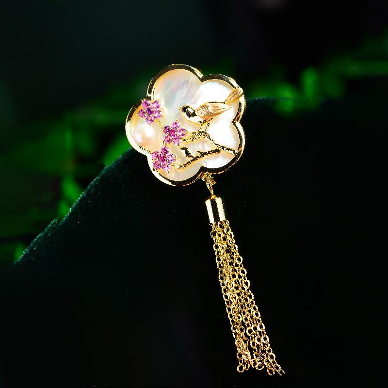 ブローチ レディース 梅蘭竹菊モチーフ 梅の花 カササギ 貝殻 シェル 中国風 オリエンタル レトロ アンティーク調 デザインピン 銅製 ..