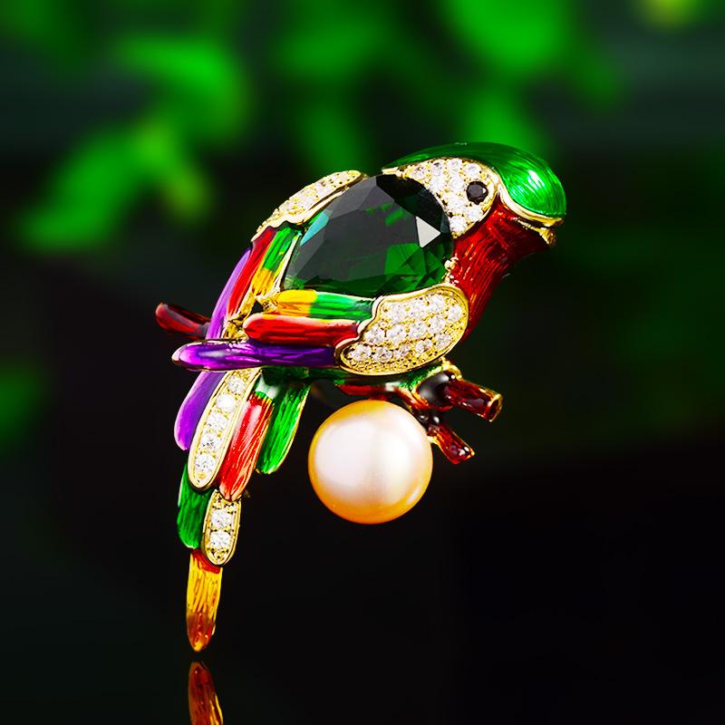 ブローチ レディース 動物モチーフ オウム 小鳥 淡水パール ジルコニア 銅製 リアル 高級感 個性的 お..