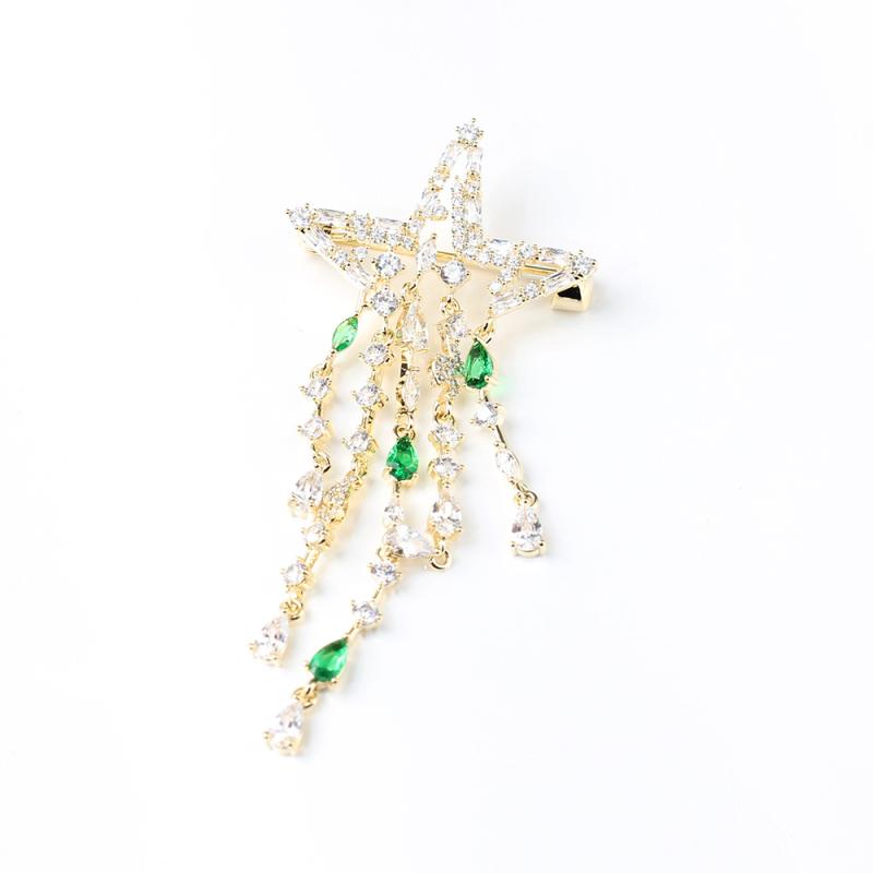 ブローチ レディース 女性用 高級感 マイクロパヴェ ジルコニア 星 フリンジ ゴールド 銅製 胸元カバー ズレ防止 多機能 上品 エレガント おしゃれ ファッション オフィス 通勤 普段使い