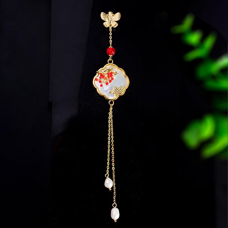 ブローチ レディース 女性用 中国風 中華風 貝殻 シェル 淡水パール パール タッセル フリンジ 蝶 花 ..