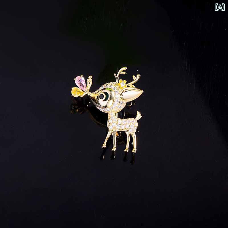 ブローチ レディース トナカイ 鹿モチーフ クリスマス かわいい カートゥーン ピンブローチ 銅製 ジルコニア ゴールド 電気メッキ 欧米風 秋冬 プレゼント おしゃれ 装飾品