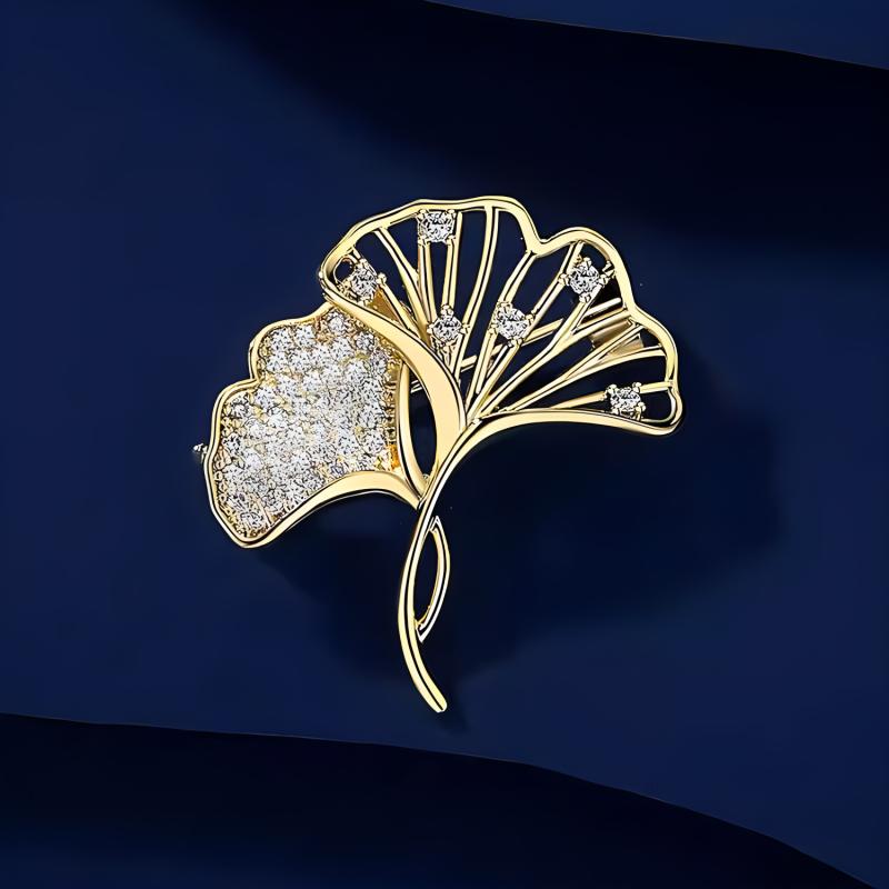 ブローチ レディース 女性用 ラインストーン 銀杏 リーフ 上品 エレガント 高級感 個性 デザイン 開き..
