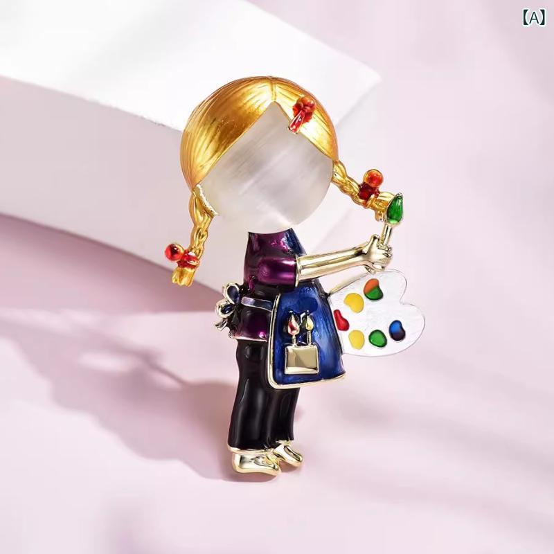 ブローチ レディース 女性用 かわいい 画家少女 キャラクター イラストモチーフ デ...