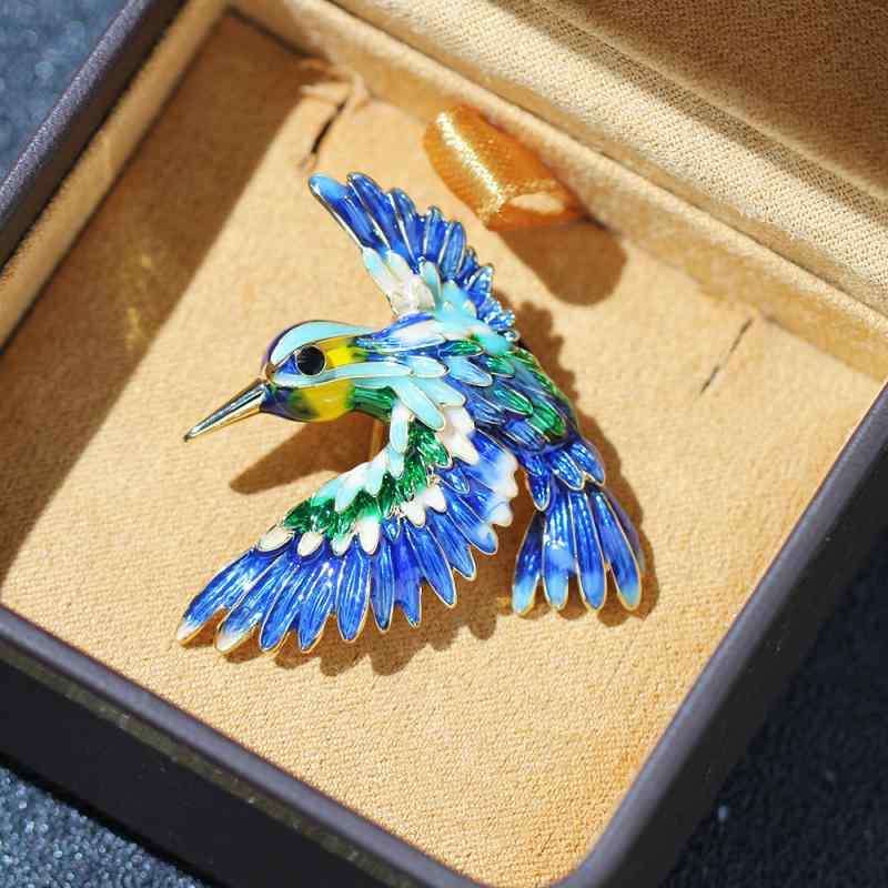 ブローチ ユニセックス 青い鳥 カワセミ モチーフ 滴油加工 エポキシ樹脂風 金メッキ ゴールドカラー ..