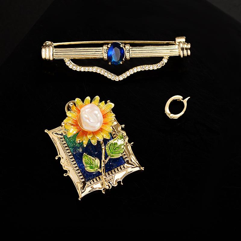 ブローチ レディース 女性用 フレンチスタイル ひまわり 花 バロック パール レトロ エレガント 銅 ジ..