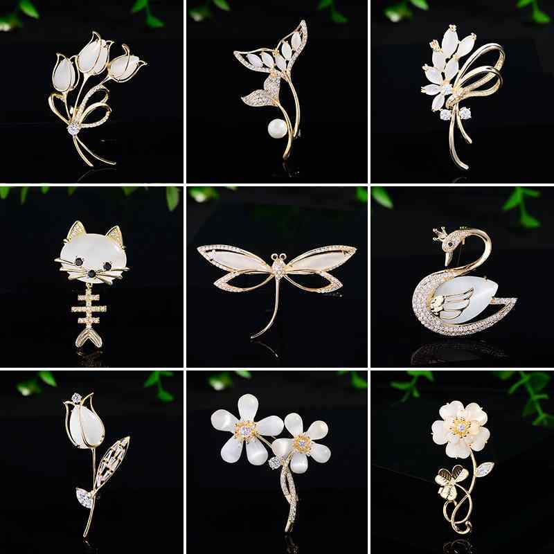 ブローチ レディース 花 フラワー 動物 アニマル キャッツアイ ジルコニア マイクロパヴェ ゴールド おしゃれ デザイン 高級感 エレガント 秋冬