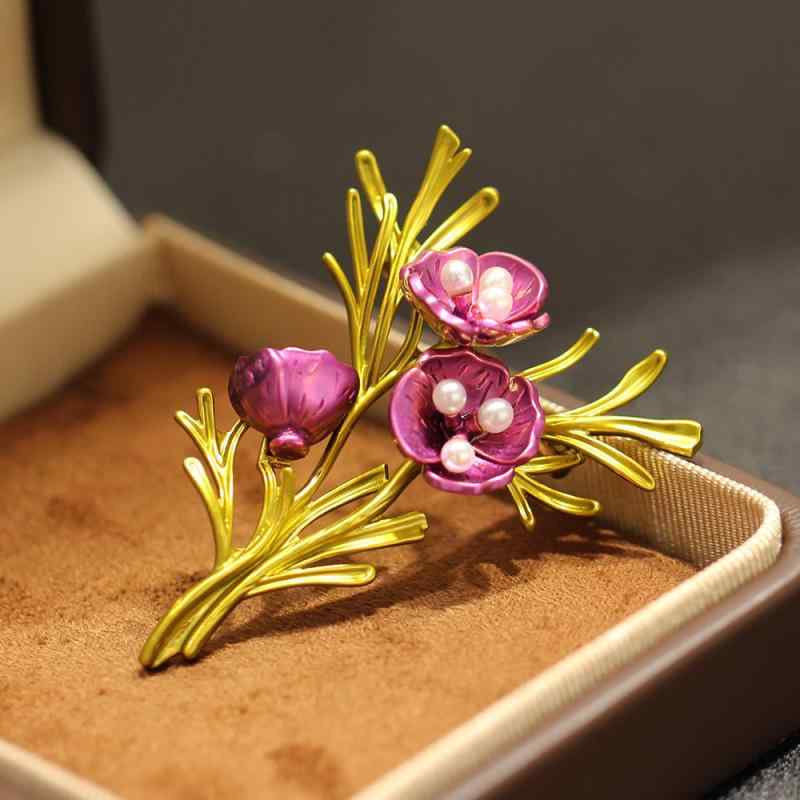 ブローチ レディース フレンチ レトロ アンティーク 滴油加工 エナメル パープル ゴールド フラワー 花束 ポピー アサガオ パール パール 合金製 春夏 アクセサリー