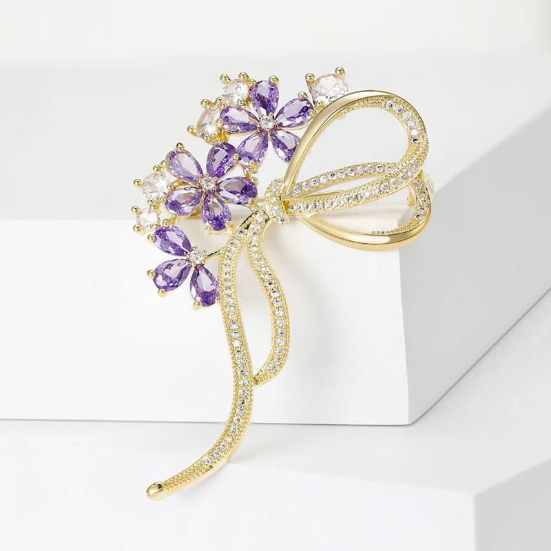ブローチ レディース おしゃれ 万能 アメジスト パープル リボン 蝶々結び フラワーモチーフ レトロ アンティーク エレガント 高級感 軽やか 亜鉛合金 ゴールド シルバー アクセサリー 通勤 フォーマル 多機能 コサージュ プレゼント
