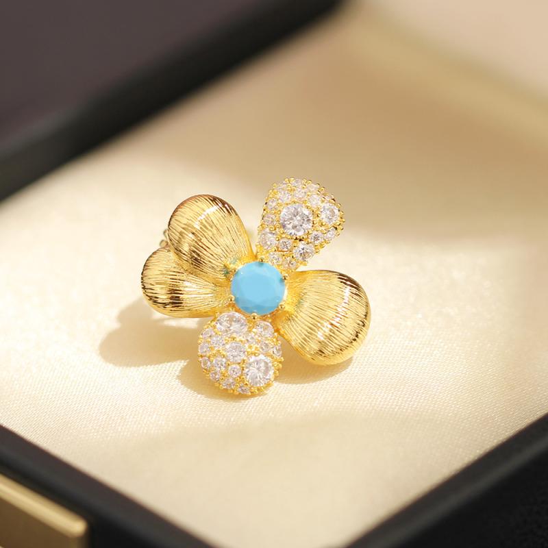 ブローチ レディース フレンチレトロ 立体花 フラワー ゴールド 高級感 ブルー ジルコニア 銅製 ヘアラ..