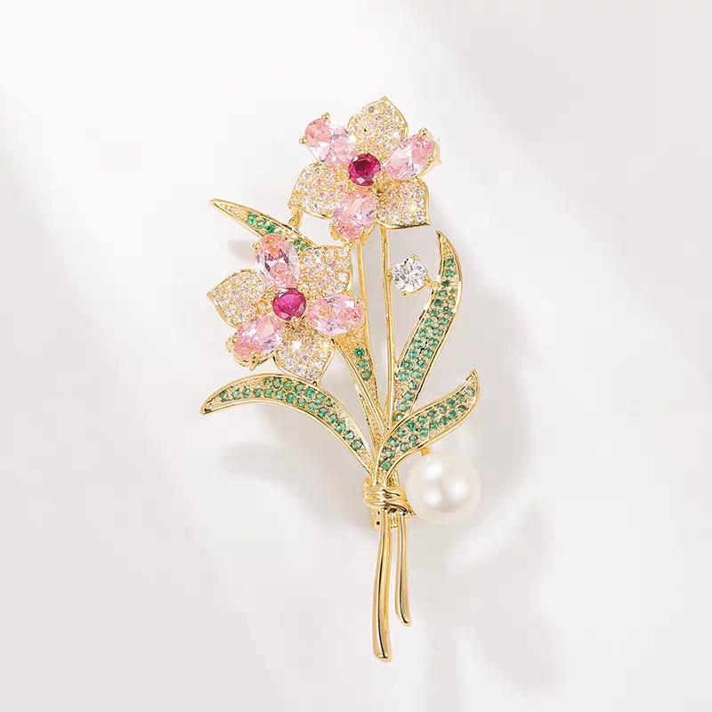 Other - ブローチ レディース オリエンタル ジルコニア 薔薇の花 上品 エレガント 合金 ピンク ゴールド ジャケット スーツ フォーマル 結婚式 パーティー 胸元カバー アクセサリー
