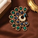 ブローチ レディース 孔雀 レトロ 透かし彫り エメラルドグリーン クリスタル 大ぶり 亜鉛合金製 電気メッキ加工 アウター ジャケット スーツ フォーマル セレモニー ピンブローチ 春夏