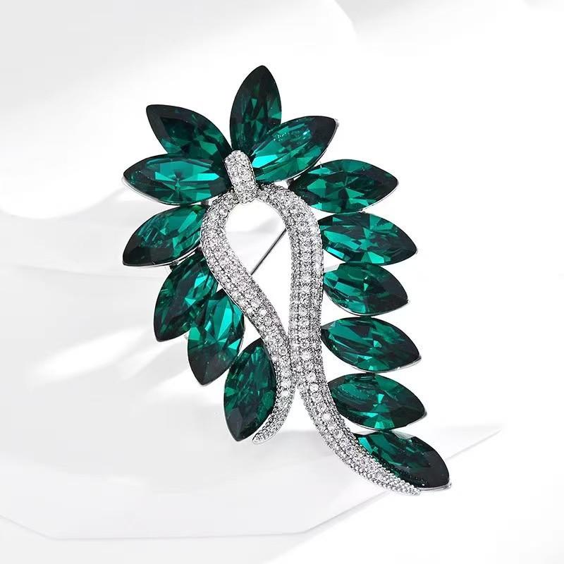 ブローチ 男女兼用 欧米風 エレガント 上品 クリスタル ジルコニア 豪華 メタル合金製 花 リーフ ひし形モチーフ 2WAY コートジャケット用 深海ブルー グリーン グレー