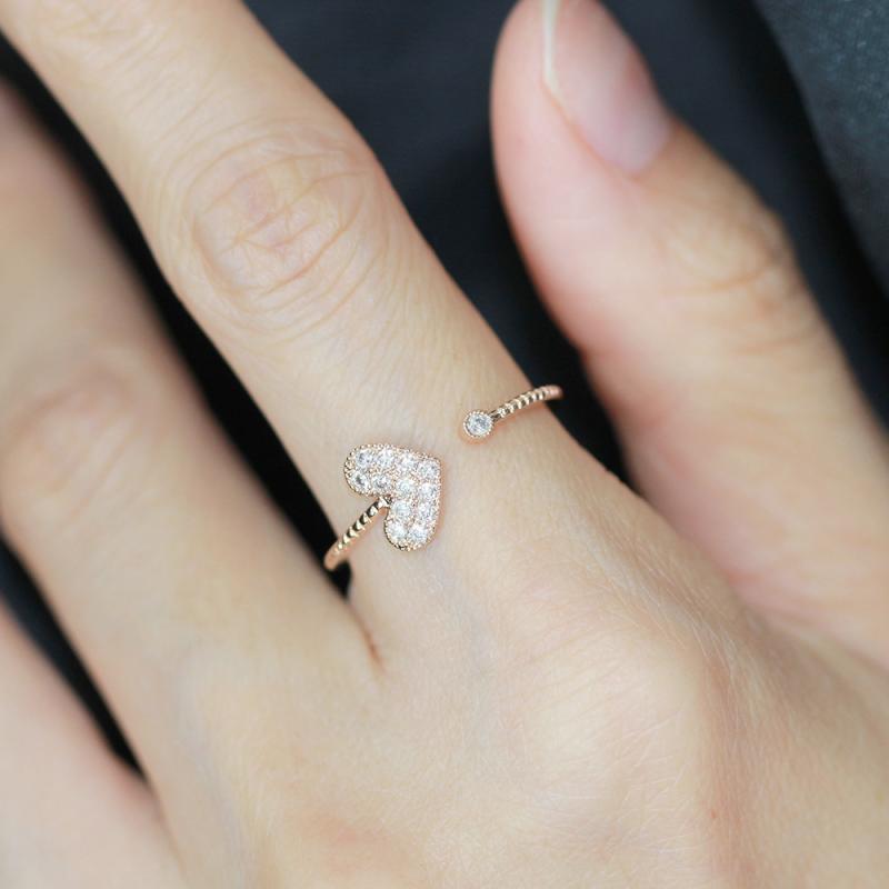 指輪 レディース かわいい 韓国風 ハート ストーン オープンデザイン ピンキー 人差し指向け 銅素材 ゴールド シルバー 華奢 フェミニン 普段使い デート(4)