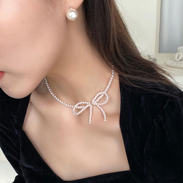 ネックレス レディース 女性用 韓国風 春夏 パール リボン 蝶結び 鎖骨ネックレス チョーカー 上品 エレガント 高見え 個性的 デザイン 模造パール(4)