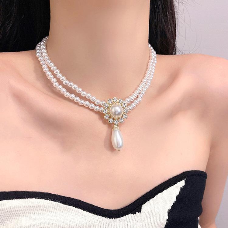 SWAROVSKI - ネックレス レディース 宮廷風 レトロ クラシカル ヴィンテージ 上品 エレガント ジルコニア パール パール ダブルレイヤー 二層 ドロップ型 しずく型 鎖骨 パーティー フォーマル 結婚式 二次会