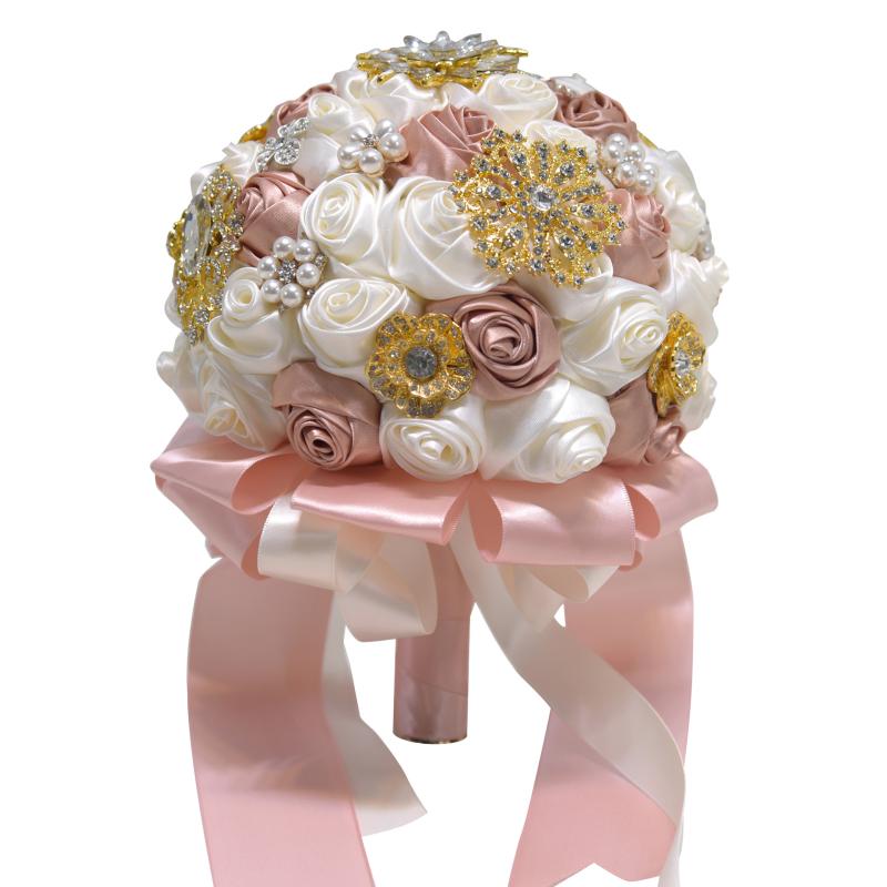 ウェディングブーケ ヨーロピアン調 宮廷風 クラシカル 造花 フェイクローズ サテンリボン オフホワイト ゴールド 結婚式 披露宴 ブライダル 前撮り フォトウェディング 高級感 エレガント