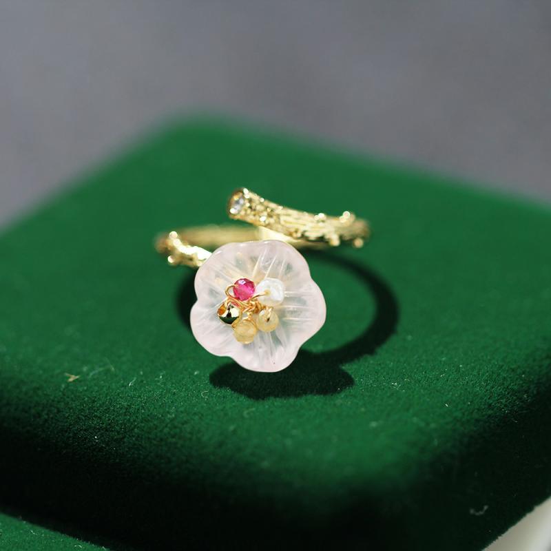 指輪 レディース かわいい ピンク 桃の花 フェイククリスタル 上品 パール オープンリング サイズ調整可能 フリーサイズ 人差し指リング 銅製 電気メッキ加工 春夏