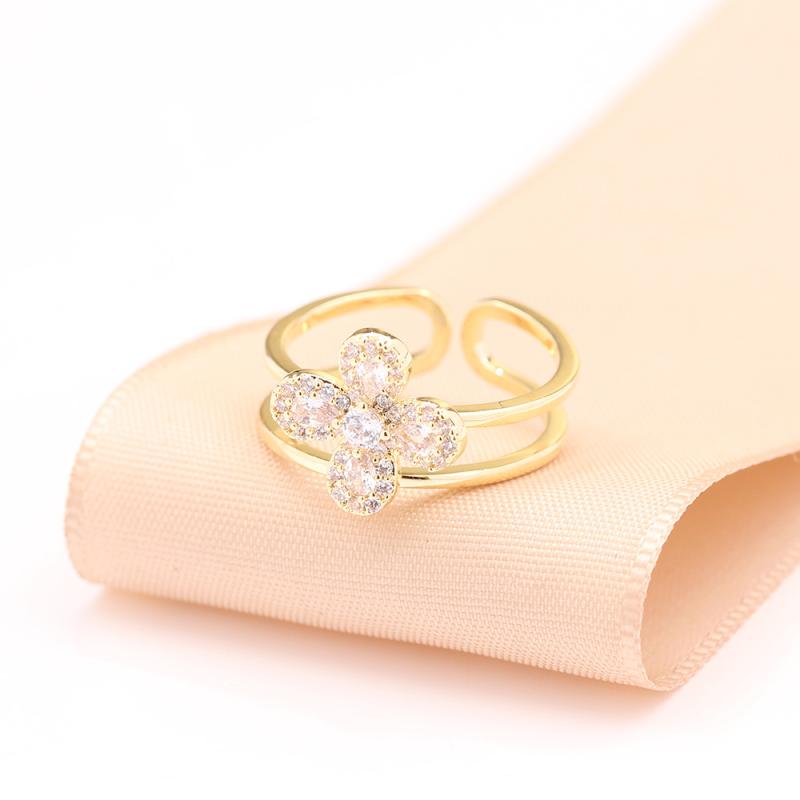指輪 レディース 女性向け マイクロパヴェ ジルコニア クローバー 四つ葉 ゴールド 金メッキ 開口リング サイズ調節可能 エレガント