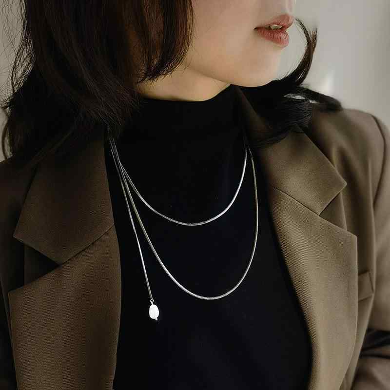 White - ネックレス レディース 女性用 ロング スネークチェーン 蛇骨チェーン 重ね付け レイヤード チタン鋼 ステンレス製 上品 高級感 デザイン シンプル 普段使い カジュアル シルバー