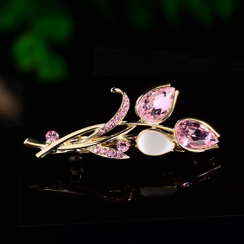 ヘアクリップ レディース 女性用 チューリップ フラワーモチーフ バネクリップ フェイクキャッツアイ クリスタル ラインストーン 上品 エレガント 高級感 おしゃれ 髪留め 横留め 春夏