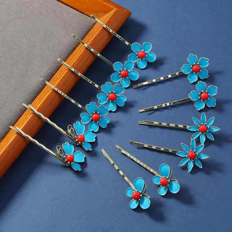 ヘアクリップ レディース 新チャイナ風 個性的 民族風 エスニック 焼き青エナメル 花モチーフ 赤ビーズ 和装 伝統衣装 クラシカル レトロ 上品 エレガント 前髪 サイドクリップ 髪飾り