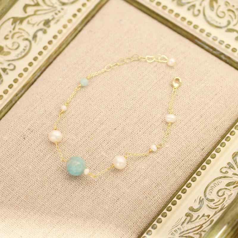 Jade - ブレスレット レディース 天然淡水パール アマゾナイト グリーン ゴールド ハンドメイド シンプル 上品 高級感 通勤 オフィス カジュアル 普段使い 春夏 電気メッキ ラウンド型