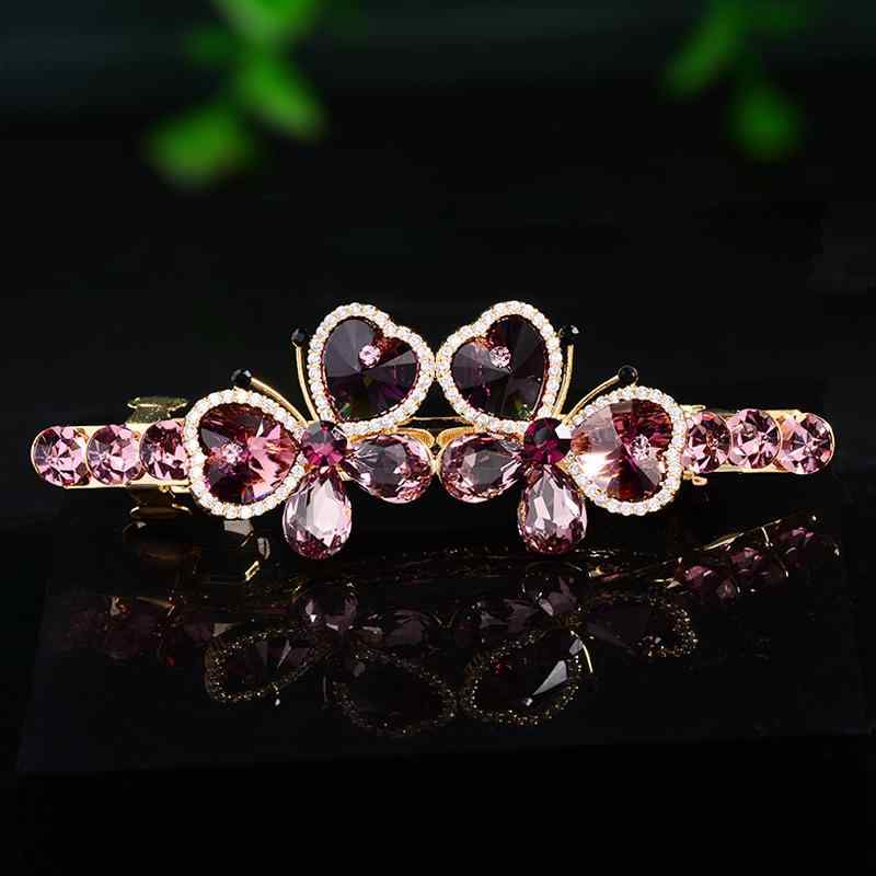 ヘアアクセサリー レディース 女性用 韓国風 おしゃれ 蝶 バタフライモチーフ スプリングヘアクリップ 高級感 エレガント 繊細 模造クリスタル 銅製 髪飾り 普段使い お出かけ パーティー パープル系