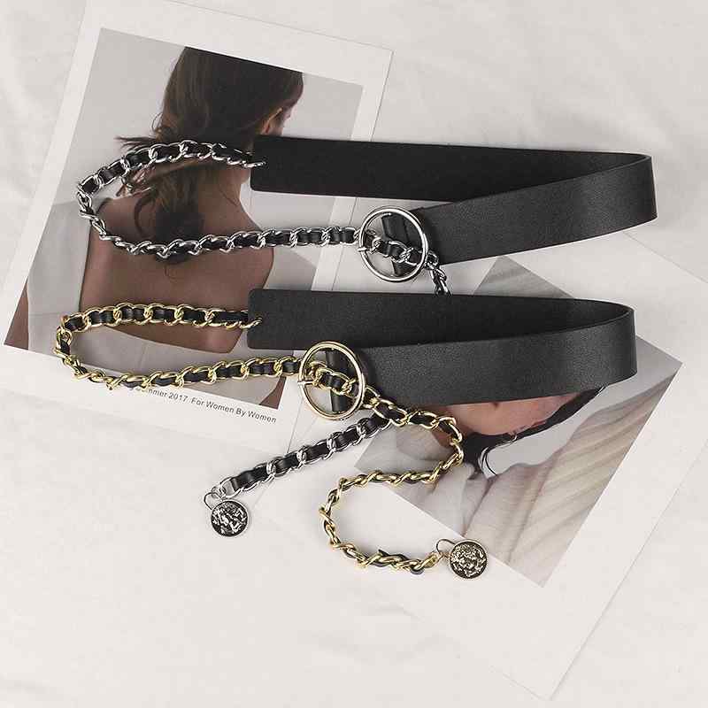 ベルト レディース 女性用 ワイド 太め フェイクレザー チェーンベルト ウエストマーク 装飾 高級感 上品スタイル きれいめ 細見え ジ..