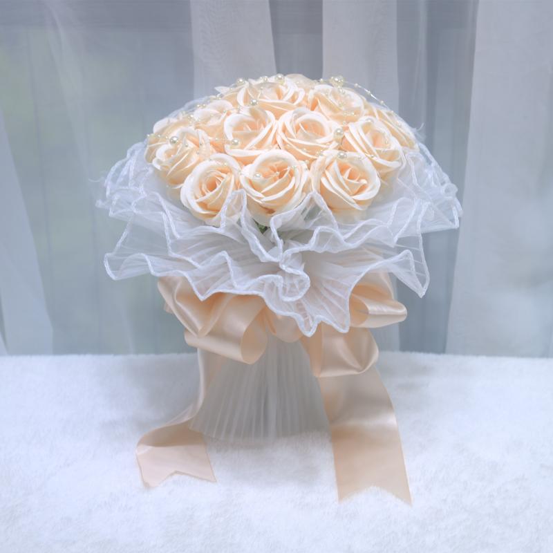 ブーケ 花嫁 ウェディング 造花 ローズ パール チュール 絹花 シルクフラワー 結婚式 洋風 新婚 親友 ブライズメイド セレモニー プレゼント ギフト かわいい 上品 エレガント