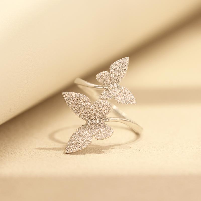 指輪 レディース 蝶 チョウ モチーフ ジルコニア マイクロパヴェ ゴールド シルバー 2色展開 フリーサイズ 開口式 ゴールドメッキ 銅製 シンプル ファッション カジュアル 通勤 オフィス 人差し指リング(4.0)