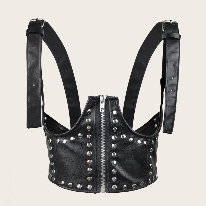 ベルト レディース ウエストマーク コルセット パンク風 ワイドベルト フェイクレザー ブラック ジップアップ スタッズ 伸縮性 細見え スタイルアップ シャツワンピース スカート ブラウス ベスト コーデ(x2)