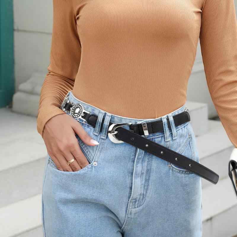 ベルト レディース アメリカンレトロ Y2K 彫刻 カービング 幾何学 オーバル 合金バックル ピンバックル PUレザー デニム ジーンズ パンツ カジュアル ブラック ブラウン アクセサリー(4.0)