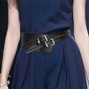 ベルト レディース ウエストマーク ダブルボタンデザイン ワイド コルセット風 レザーベルト アシンメトリー ワンピース ドレス アウター コート スタイルアップ PUレザー ブラック コーヒーブラウン ヒョウ柄(x2)