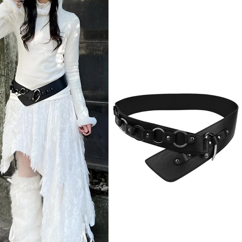 ベルト メンズ レディース PUレザー メタル サークルリング 切り替え フックデザイン ウェスタンスタイル レトロ アメリカンストリート..