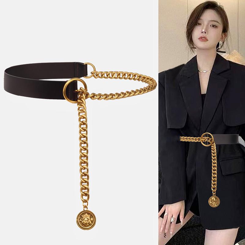 ベルト レディース 女性用 幅広 ウエストチェーン メタル 装飾 ブラック おしゃれ トレンド 万能 カジュアル オフィス パーティー スーツ コート ワンピース スカート