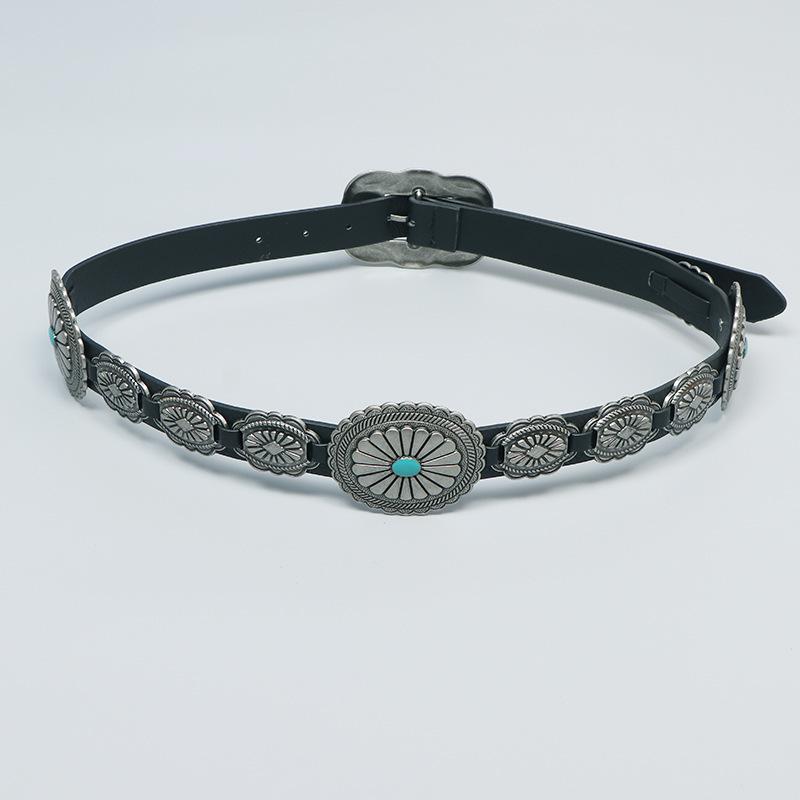 ベルト レディース ボヘミアン風 エスニック レトロ ウエスタン柄 型押し 合金バックル ストーン飾り フェイクレザー 合成皮革 カジュアル 普段使い 通勤 きれいめ ブラック ブラウン ウエストマーク