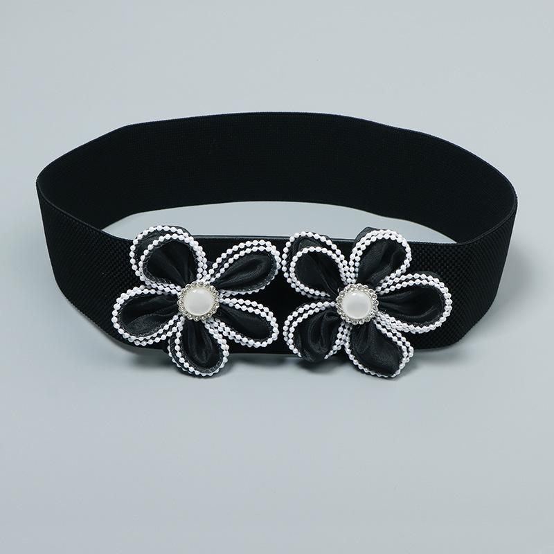 ベルト レディース 幅広 ウエストマークベルト ゴム ストレッチ キャンバス 花モチーフ ラインストーン装飾 ワンピース用 カジュアル ブラック PUレザー おしゃれ
