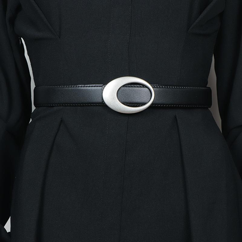 ベルト レディース 本革 牛革 楕円形バックル レザー ウエストベルト 個性的 おしゃれ 万能 ベーシック ファッション小物 ジーンズ デニム Y2K ギャル ブラック(4.0)