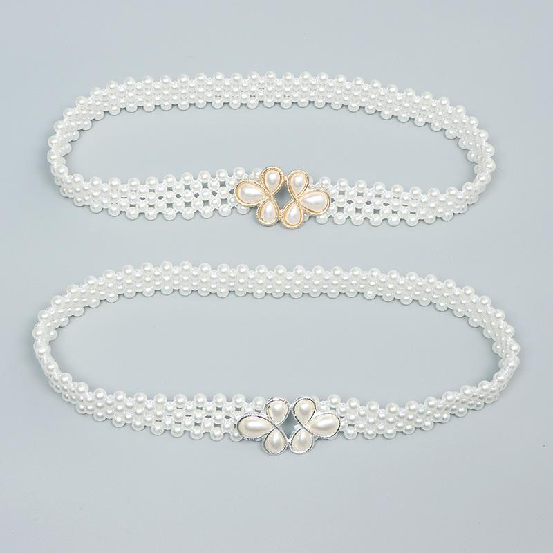 ベルト レディース パール ウエストチェーン 細身 伸縮性 ウエストマーク ドレス ワンピース スーツ オフィス カジュアル レトロ かわいい 高級感 ウエスト細見え シルバー ゴールド