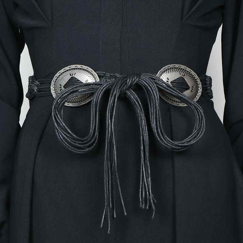 ベルト レディース レトロ 民族調 ボヘミアン 銅銭モチーフ 編み込み フリンジ ロング 太め ウエストチェーン 腰飾り ワンピース ドレス アクセント メタルアクセサリー