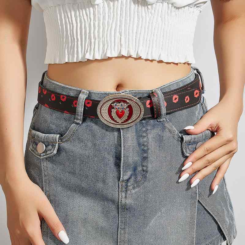 ベルト レディース Y2K レトロ ギャル ヴィンテージ ブラウン テクスチャ ハート柄 メタルバックル 合金 電気メッキ加工 彫刻デザイン ..
