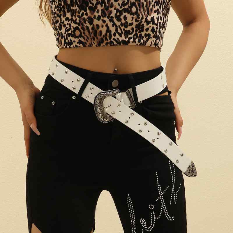 ベルト 男女兼用 レトロ ヴィンテージ パンク スタッズ フェイクレザー ピンバックル デニム ジーンズ ..