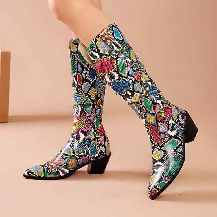 ロングブーツ レディース 大きいサイズ ポインテッドトゥ 太ヒール チャンキーヒール パイソン柄 切り替え プルオン 合成皮革 乗馬風 ライディングスタイル 欧米風 秋冬春