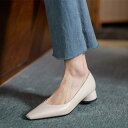 パンプス レディース スクエアトゥ ミドルヒール チャンキーヒール 太ヒール カジュアル 普段使い 通勤 デイリー 革靴 レザーシューズ オフホワイト アイボリ...