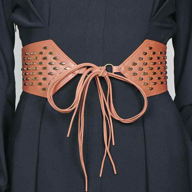 ベルト レディース ボヘミアン リゾート エスニック レトロ ワイド サッシュベルト ウエストマーク フリンジ フェイクレザー スタッズ ワンピース 春夏(4)