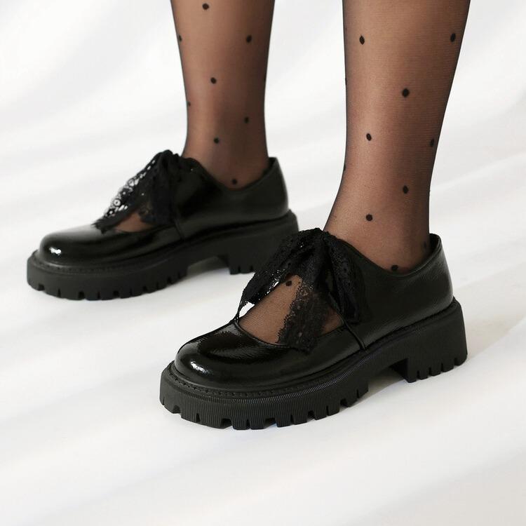 厚底シューズ レディース リボン レースアップ ラウンドトゥ プラットフォーム パンプス 春夏 プレッピー スクールガール風 合皮 通学 通勤 普段使い おしゃ...