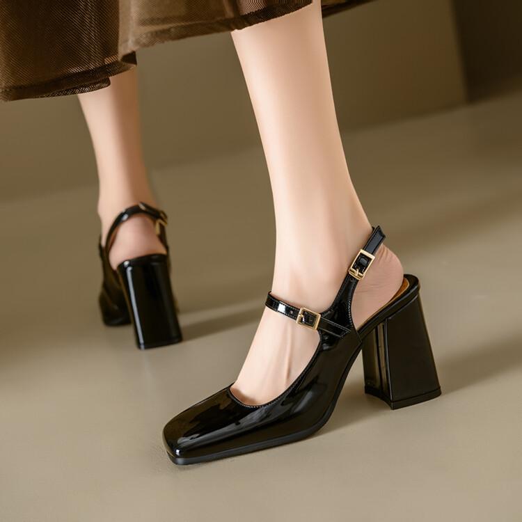 メリージェーンシューズ レディース 春夏 フレンチスタイル エレガント 上品 シンプル 太ヒール チャンキーヒール スクエアトゥ ワンストラップ エナメル フェ...