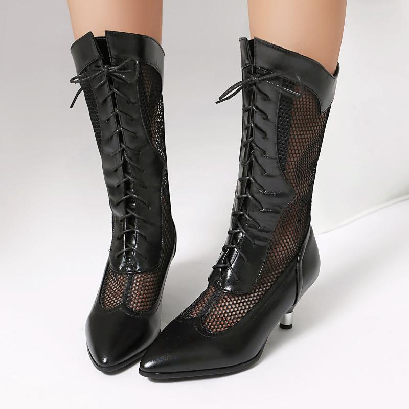 サンダルブーツ レディース 春夏 ミドル丈 透かし編み レースアップ ミドルヒール 社交ダンス チャチャダンス用 ソフトソール 快適 柔らかな履き心地 レッスンシューズ 人工皮革 ダークブラウン ブラック