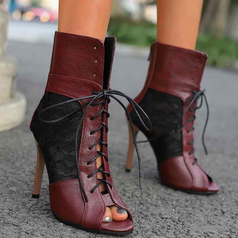 サマーブーツ レディース ファッション 細ヒール オープントゥ レース 編み上げ ショートブーツ 大きい..